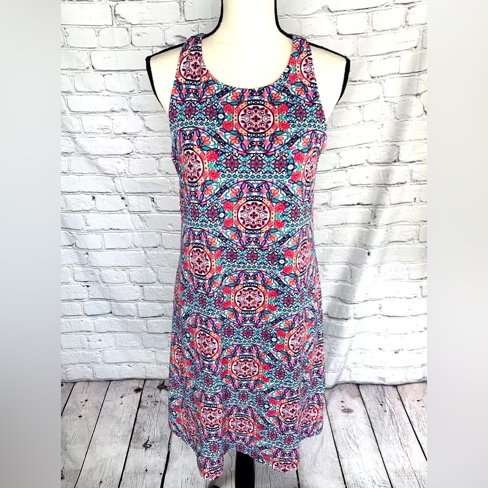 Cupio Womens Shift Dress Blue Red Mandala Print Sleeveless Racerback Stretch M